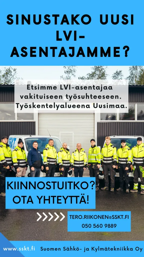 SSKT avoin työpaikka LVI-asentaja. Kuvassa SSKT asentajia ja yhteystiedot